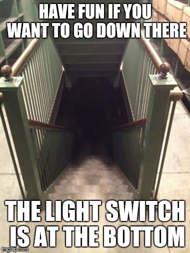 Ever have this? | HAVE FUN IF YOU WANT TO GO DOWN THERE; THE LIGHT SWITCH IS AT THE BOTTOM | image tagged in darkness,stairs | made w/ Imgflip meme maker