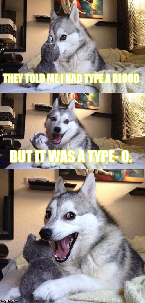 Bad Pun Dog | THEY TOLD ME I HAD TYPE A BLOOD; BUT IT WAS A TYPE- O. | image tagged in memes,bad pun dog | made w/ Imgflip meme maker