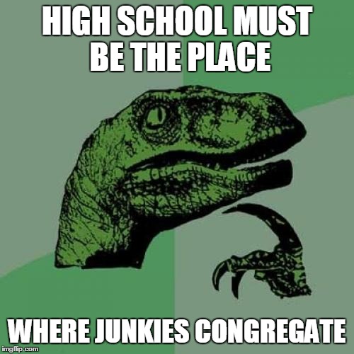 Philosoraptor Meme | HIGH SCHOOL MUST BE THE PLACE; WHERE JUNKIES CONGREGATE | image tagged in memes,philosoraptor | made w/ Imgflip meme maker