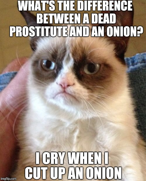 Grumpy Cat | WHAT'S THE DIFFERENCE BETWEEN A DEAD PROSTITUTE AND AN ONION? I CRY WHEN I CUT UP AN ONION | image tagged in memes,grumpy cat | made w/ Imgflip meme maker