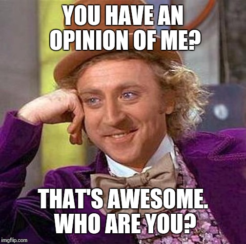 Creepy Condescending Wonka Meme | YOU HAVE AN OPINION OF ME? THAT'S AWESOME. WHO ARE YOU? | image tagged in memes,creepy condescending wonka | made w/ Imgflip meme maker