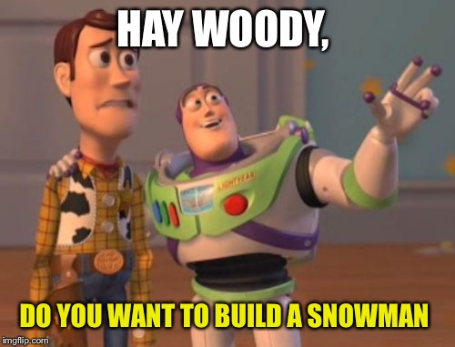 X, X Everywhere Meme | HAY WOODY, DO YOU WANT TO BUILD A SNOWMAN | image tagged in memes,x x everywhere | made w/ Imgflip meme maker