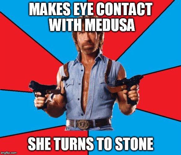 Chuck Norris With Guns Meme | MAKES EYE CONTACT WITH MEDUSA; SHE TURNS TO STONE | image tagged in chuck norris | made w/ Imgflip meme maker