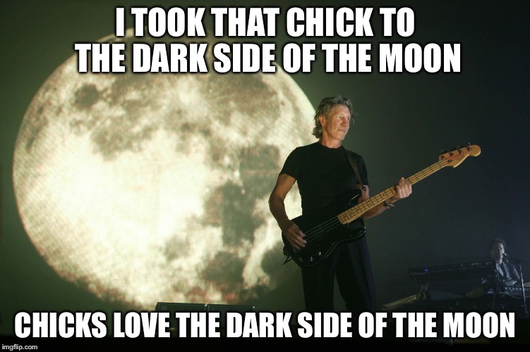 Roger Waters | I TOOK THAT CHICK TO THE DARK SIDE OF THE MOON; CHICKS LOVE THE DARK SIDE OF THE MOON | image tagged in roger waters | made w/ Imgflip meme maker