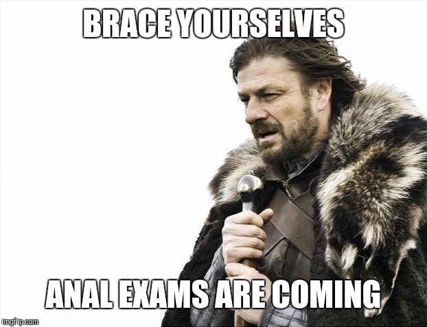 Brace Yourselves X is Coming Meme | BRACE YOURSELVES ANAL EXAMS ARE COMING | image tagged in memes,brace yourselves x is coming | made w/ Imgflip meme maker