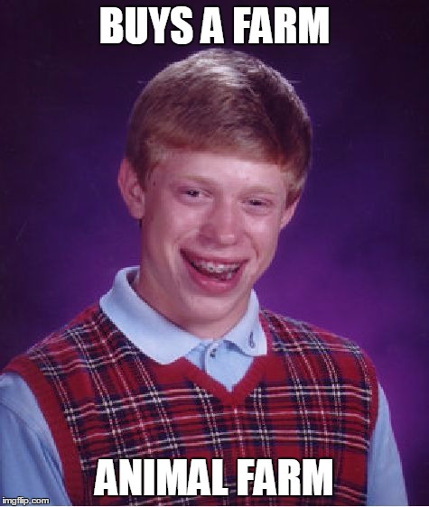 Bad Luck Brian | BUYS A FARM; ANIMAL FARM | image tagged in memes,bad luck brian | made w/ Imgflip meme maker