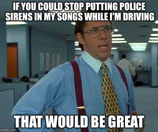 I will be testing for my permit in one month! | IF YOU COULD STOP PUTTING POLICE SIRENS IN MY SONGS WHILE I'M DRIVING; THAT WOULD BE GREAT | image tagged in memes,that would be great | made w/ Imgflip meme maker