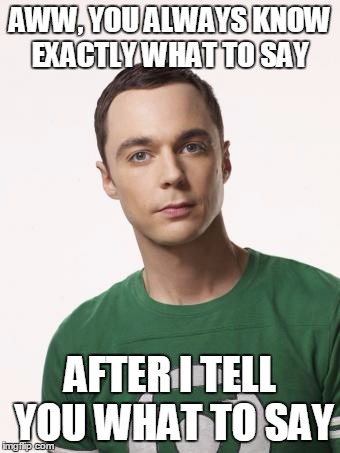 Sheldon Cooper | AWW, YOU ALWAYS KNOW EXACTLY WHAT TO SAY; AFTER I TELL YOU WHAT TO SAY | image tagged in sheldon cooper | made w/ Imgflip meme maker