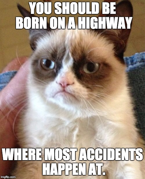 Grumpy Cat | YOU SHOULD BE BORN ON A HIGHWAY; WHERE MOST ACCIDENTS HAPPEN AT. | image tagged in memes,grumpy cat | made w/ Imgflip meme maker