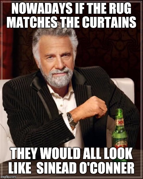 The Most Interesting Man In The World | NOWADAYS IF THE RUG MATCHES THE CURTAINS; THEY WOULD ALL LOOK LIKE 
SINEAD O'CONNER | image tagged in memes,the most interesting man in the world | made w/ Imgflip meme maker