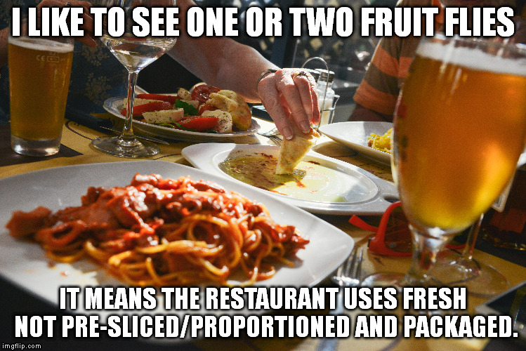 And if you see fruit flies at a place serving "ready-made", run; not just out the door but to the doctor. | I LIKE TO SEE ONE OR TWO FRUIT FLIES; IT MEANS THE RESTAURANT USES FRESH NOT PRE-SLICED/PROPORTIONED AND PACKAGED. | image tagged in food,memes,life,restaurant,hygiene | made w/ Imgflip meme maker