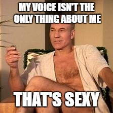 Sexy Picard | MY VOICE ISN'T THE ONLY THING ABOUT ME; THAT'S SEXY | image tagged in sexy picard | made w/ Imgflip meme maker