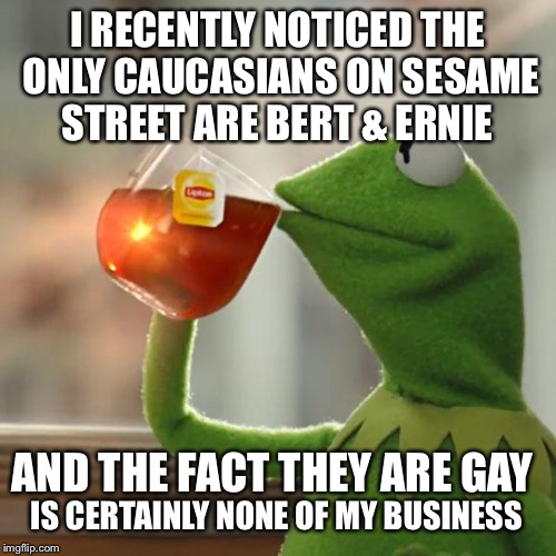There have always been rainbows on Sesame Street  | I RECENTLY NOTICED THE ONLY CAUCASIANS ON SESAME STREET ARE BERT & ERNIE; AND THE FACT THEY ARE GAY; IS CERTAINLY NONE OF MY BUSINESS | image tagged in memes,but thats none of my business,kermit the frog,gay,bert and ernie | made w/ Imgflip meme maker