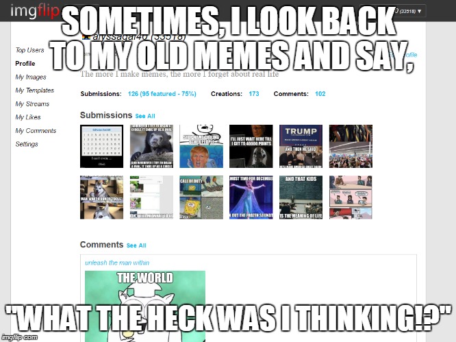 Look back at the past.......I wish I didn't | SOMETIMES, I LOOK BACK TO MY OLD MEMES AND SAY, "WHAT THE HECK WAS I THINKING!?" | image tagged in old memes,fails | made w/ Imgflip meme maker