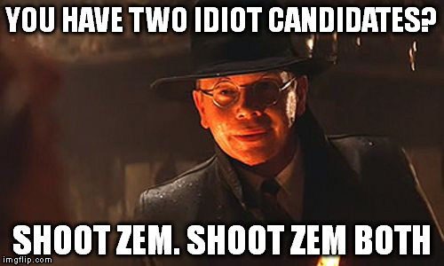 YOU HAVE TWO IDIOT CANDIDATES? SHOOT ZEM. SHOOT ZEM BOTH | image tagged in politics | made w/ Imgflip meme maker