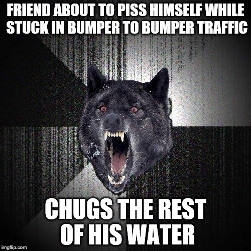 Insanity Wolf Meme | FRIEND ABOUT TO PISS HIMSELF WHILE STUCK IN BUMPER TO BUMPER TRAFFIC; CHUGS THE REST OF HIS WATER | image tagged in memes,insanity wolf | made w/ Imgflip meme maker