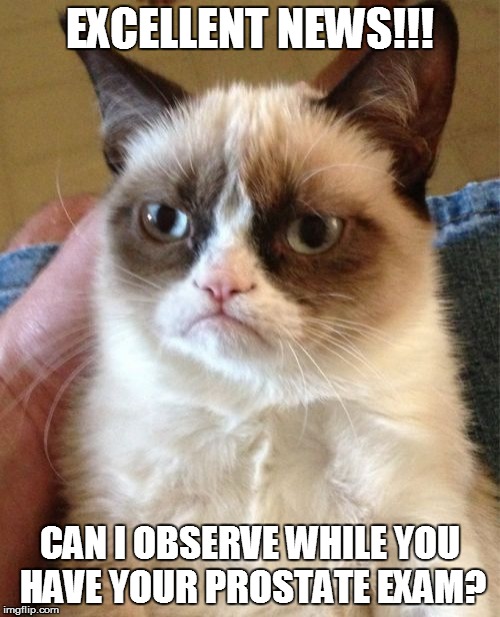 Grumpy Cat Meme | EXCELLENT NEWS!!! CAN I OBSERVE WHILE YOU HAVE YOUR PROSTATE EXAM? | image tagged in memes,grumpy cat | made w/ Imgflip meme maker