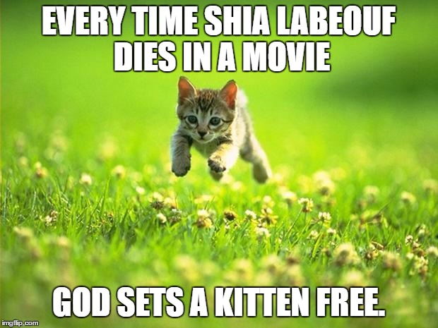 Every time I smile God Kills a Kitten |  EVERY TIME SHIA LABEOUF DIES IN A MOVIE; GOD SETS A KITTEN FREE. | image tagged in every time i smile god kills a kitten | made w/ Imgflip meme maker