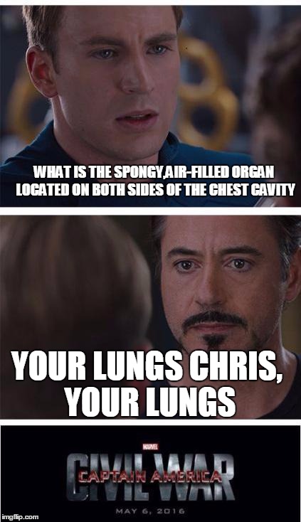 Marvel Civil War 1 Meme | WHAT IS THE SPONGY,AIR-FILLED ORGAN LOCATED ON BOTH SIDES OF THE CHEST CAVITY; YOUR LUNGS CHRIS, YOUR LUNGS | image tagged in memes,marvel civil war 1 | made w/ Imgflip meme maker