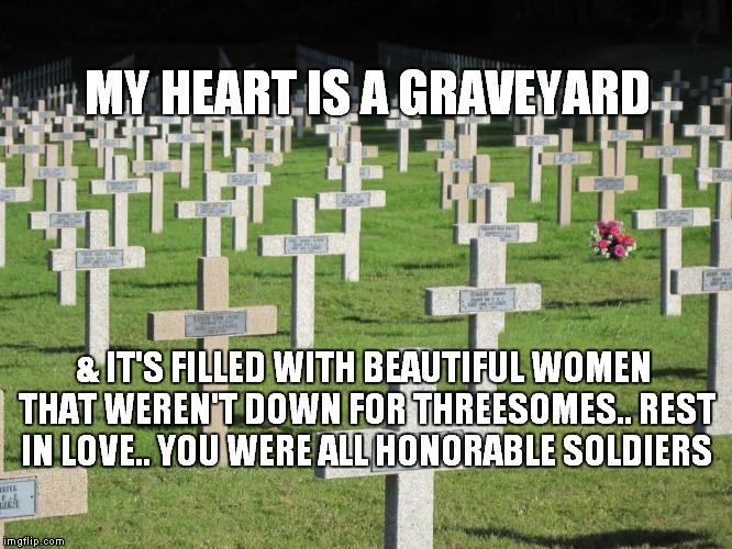 MY HEART IS A GRAVEYARD; & IT'S FILLED WITH BEAUTIFUL WOMEN THAT WEREN'T DOWN FOR THREESOMES.. REST IN LOVE.. YOU WERE ALL HONORABLE SOLDIERS | image tagged in ri love | made w/ Imgflip meme maker