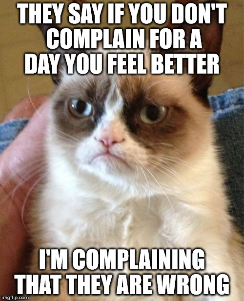 Grumpy Cat | THEY SAY IF YOU DON'T COMPLAIN FOR A DAY YOU FEEL BETTER; I'M COMPLAINING THAT THEY ARE WRONG | image tagged in memes,grumpy cat | made w/ Imgflip meme maker