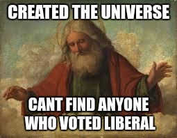 god | CREATED THE UNIVERSE; CANT FIND ANYONE WHO VOTED LIBERAL | image tagged in god | made w/ Imgflip meme maker