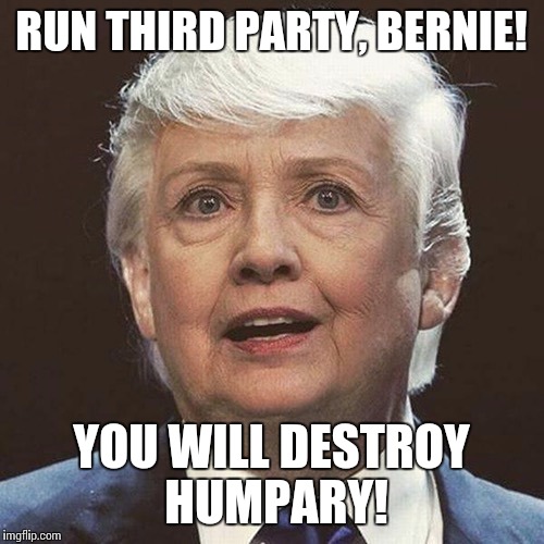 RUN THIRD PARTY, BERNIE! YOU WILL DESTROY HUMPARY! | image tagged in humpary,hillary,trump,bernie | made w/ Imgflip meme maker