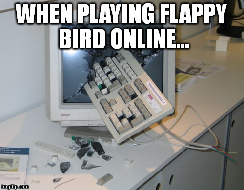 Broken computer | WHEN PLAYING FLAPPY BIRD ONLINE... | image tagged in broken computer | made w/ Imgflip meme maker