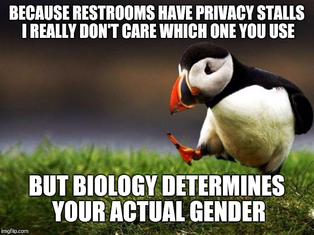 Unpopular Opinion Puffin | BECAUSE RESTROOMS HAVE PRIVACY STALLS I REALLY DON'T CARE WHICH ONE YOU USE; BUT BIOLOGY DETERMINES YOUR ACTUAL GENDER | image tagged in memes,unpopular opinion puffin | made w/ Imgflip meme maker