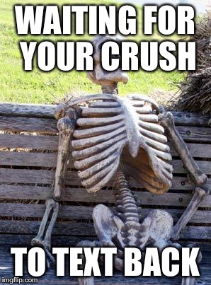 Waiting Skeleton Meme | WAITING FOR YOUR CRUSH; TO TEXT BACK | image tagged in memes,waiting skeleton | made w/ Imgflip meme maker