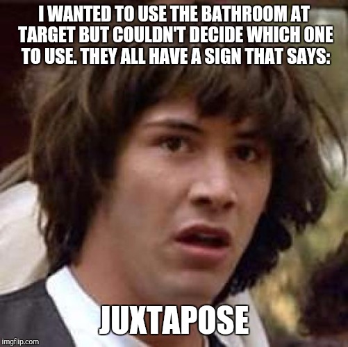 Watch this.... | I WANTED TO USE THE BATHROOM AT TARGET BUT COULDN'T DECIDE WHICH ONE TO USE. THEY ALL HAVE A SIGN THAT SAYS:; JUXTAPOSE | image tagged in memes,conspiracy keanu | made w/ Imgflip meme maker
