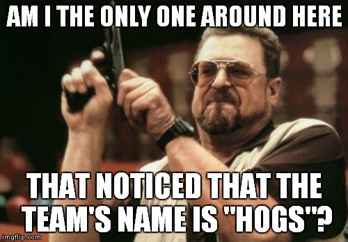 Am I The Only One Around Here Meme | AM I THE ONLY ONE AROUND HERE THAT NOTICED THAT THE TEAM'S NAME IS "HOGS"? | image tagged in memes,am i the only one around here | made w/ Imgflip meme maker
