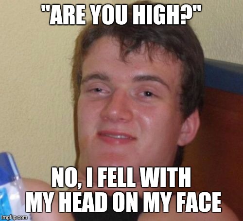 10 Guy Meme | "ARE YOU HIGH?"; NO, I FELL WITH MY HEAD ON MY FACE | image tagged in memes,10 guy | made w/ Imgflip meme maker