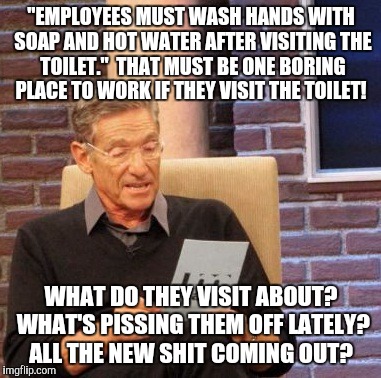 OH, SHIT!!!  | "EMPLOYEES MUST WASH HANDS WITH SOAP AND HOT WATER AFTER VISITING THE TOILET."  THAT MUST BE ONE BORING PLACE TO WORK IF THEY VISIT THE TOILET! WHAT DO THEY VISIT ABOUT? WHAT'S PISSING THEM OFF LATELY? ALL THE NEW SHIT COMING OUT? | image tagged in memes,maury lie detector | made w/ Imgflip meme maker