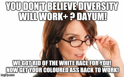 Famine | YOU DON'T BELIEVE DIVERSITY WILL WORK+
? DAYUM! WE GOT RID OF THE WHITE RACE FOR YOU! NOW GET YOUR COLOURED ASS BACK TO WORK! | image tagged in famine | made w/ Imgflip meme maker