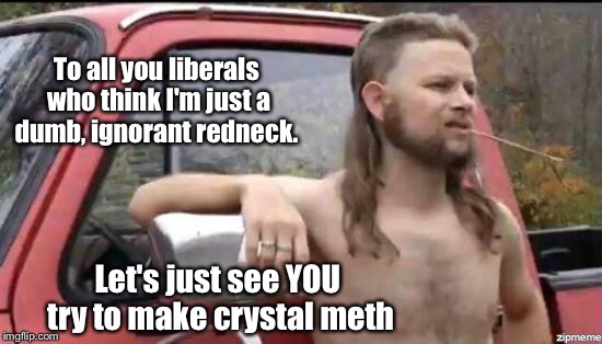 almost politically correct redneck | To all you liberals who think I'm just a dumb, ignorant redneck. Let's just see YOU try to make crystal meth | image tagged in almost politically correct redneck | made w/ Imgflip meme maker
