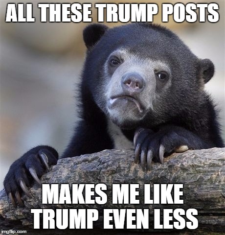 Confession Bear Meme | ALL THESE TRUMP POSTS; MAKES ME LIKE TRUMP EVEN LESS | image tagged in memes,confession bear | made w/ Imgflip meme maker
