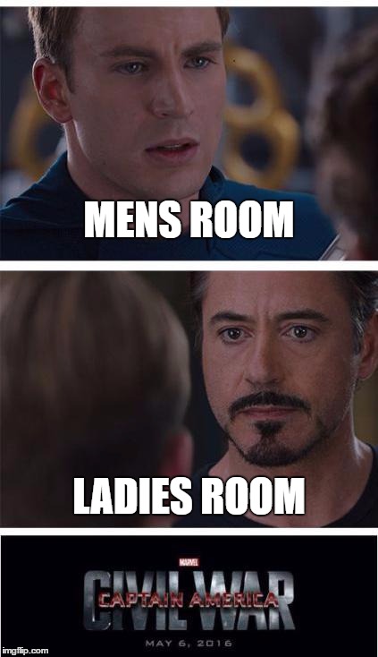 Marvel Civil War 1 Meme | MENS ROOM; LADIES ROOM | image tagged in memes,marvel civil war 1 | made w/ Imgflip meme maker