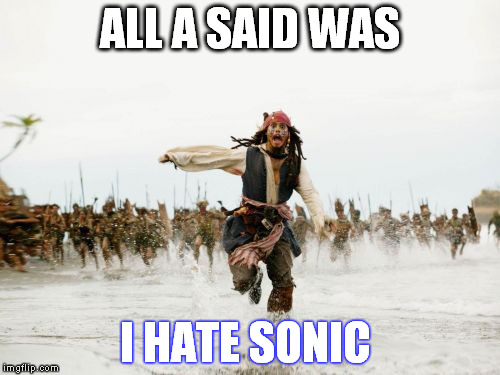 Jack Sparrow Being Chased | ALL A SAID WAS; I HATE SONIC | image tagged in memes,jack sparrow being chased | made w/ Imgflip meme maker
