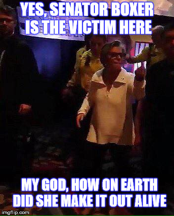 Whose the Victim Here | YES, SENATOR BOXER IS THE VICTIM HERE; MY GOD, HOW ON EARTH DID SHE MAKE IT OUT ALIVE | image tagged in barbara boxer,flipping off,middle finger,victim,nevada,convention | made w/ Imgflip meme maker