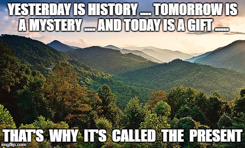 Mountains | YESTERDAY IS HISTORY .... TOMORROW IS A MYSTERY .... AND TODAY IS A GIFT ..... THAT'S  WHY  IT'S  CALLED  THE  PRESENT | image tagged in mountains | made w/ Imgflip meme maker