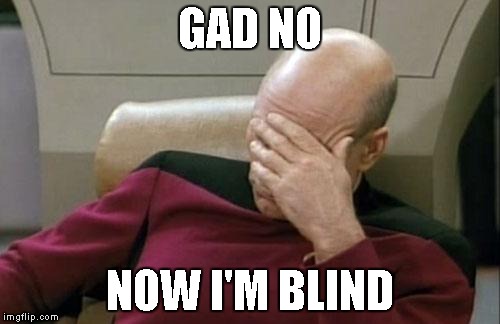 Captain Picard Facepalm Meme | GAD NO; NOW I'M BLIND | image tagged in memes,captain picard facepalm | made w/ Imgflip meme maker