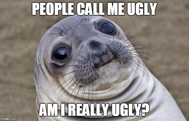 Awkward Moment Sealion | PEOPLE CALL ME UGLY; AM I REALLY UGLY? | image tagged in memes,awkward moment sealion | made w/ Imgflip meme maker