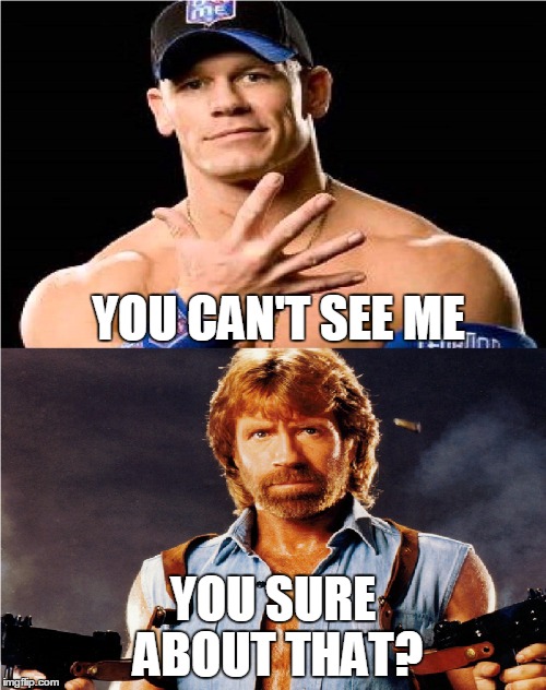 Don't Be Too Sure | YOU CAN'T SEE ME; YOU SURE ABOUT THAT? | image tagged in chuck norris,you can't see me,john cena | made w/ Imgflip meme maker