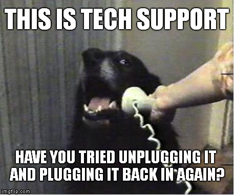 This Is Tech Support | THIS IS TECH SUPPORT; HAVE YOU TRIED UNPLUGGING IT AND PLUGGING IT BACK IN AGAIN? | image tagged in this is dog,tech support,unplug,meme,funny | made w/ Imgflip meme maker