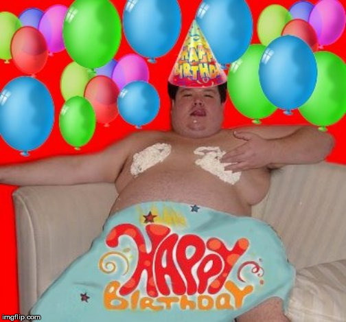An image tagged happy birthday,birthday,fat,fat man,balloons,feliz cumplean...