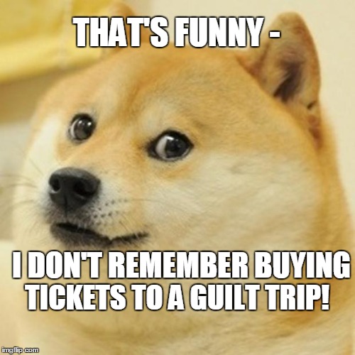 Doge Meme | THAT'S FUNNY -; I DON'T REMEMBER BUYING; TICKETS TO A GUILT TRIP! | image tagged in memes,doge | made w/ Imgflip meme maker