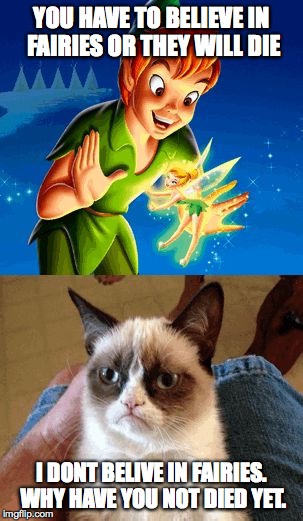 Grumpy Cat Does Not Believe Meme | YOU HAVE TO BELIEVE IN FAIRIES OR THEY WILL DIE; I DONT BELIVE IN FAIRIES. WHY HAVE YOU NOT DIED YET. | image tagged in memes,grumpy cat does not believe | made w/ Imgflip meme maker