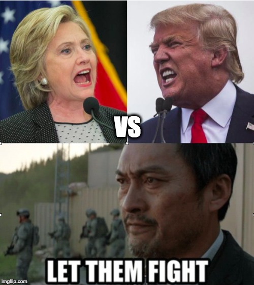 Although Trump Vs Bernie would be more interesting, i'd still love to see this. | VS | image tagged in hillary clinton,donald trump,godzilla,that would be great | made w/ Imgflip meme maker