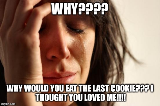 First World Problems Meme | WHY???? WHY WOULD YOU EAT THE LAST COOKIE???
I THOUGHT YOU LOVED ME!!!! | image tagged in memes,first world problems | made w/ Imgflip meme maker